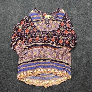 Lucy & Laurel Tunic Womens Large Blue Paisley Ruffle Elastic Waist 3/4 Sleeve